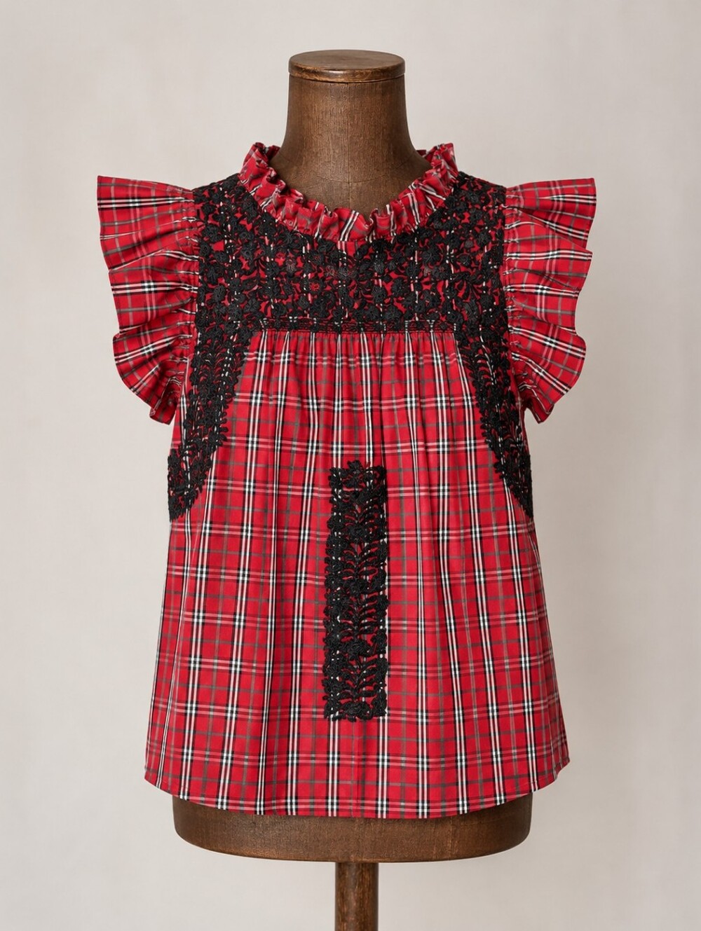 ❤️ Red Plaid Ruffled Sleeve Top with Black Lace Appliqué Heart❤️